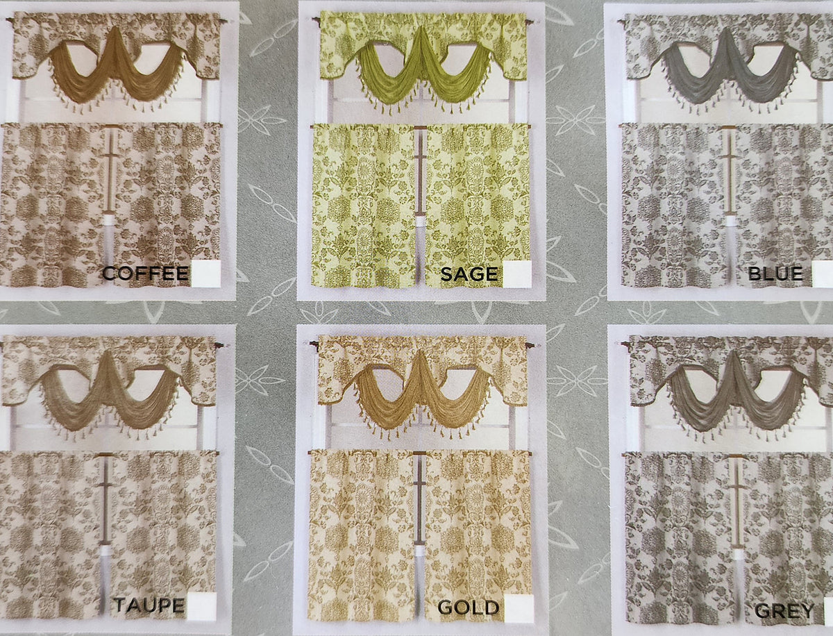 A collection of six luxury jacquard valances in various colors including blue, gold, green, taupe, and grey, each featuring two tiers with floral patterns.