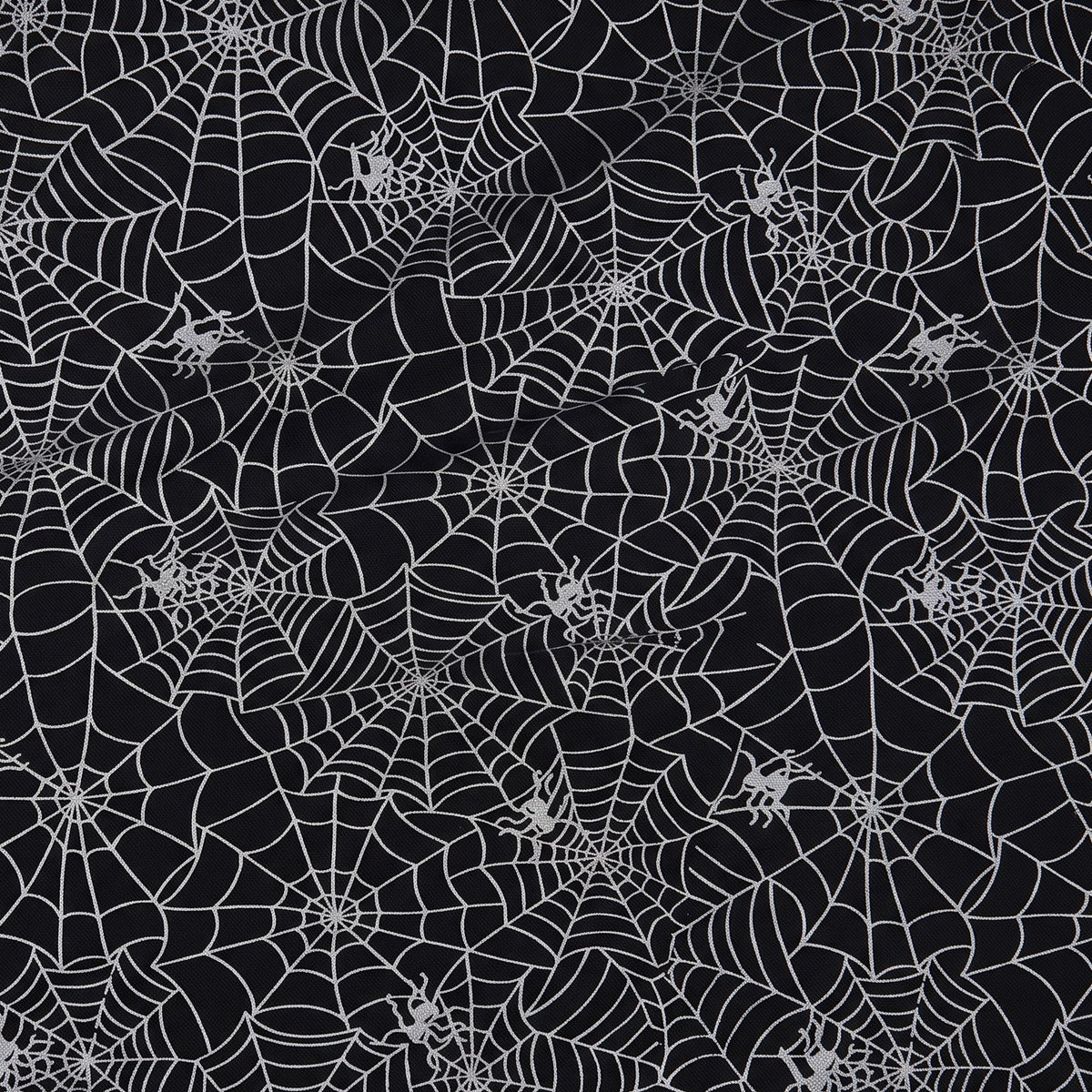 Black fabric with a repeating white spiderweb pattern and small spider silhouettes.