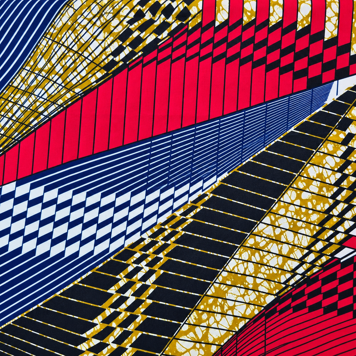 A vibrant abstract geometric pattern featuring diagonal bands of red, navy blue, black, white, and yellow with various checkerboard, striped, and lattice-like designs.