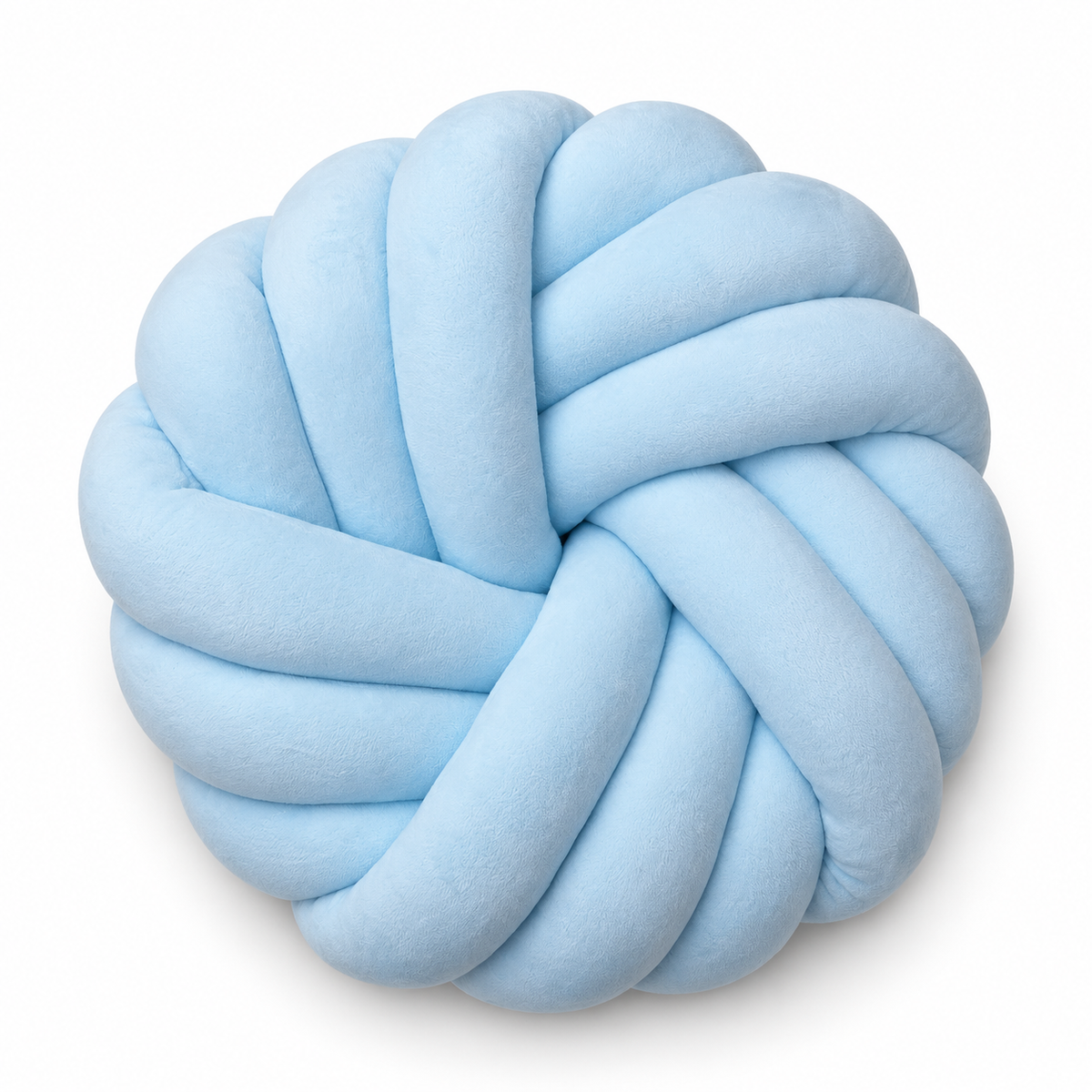 A light blue knotted plush cushion, resembling a baby teething toy, shown on a clean white background.
