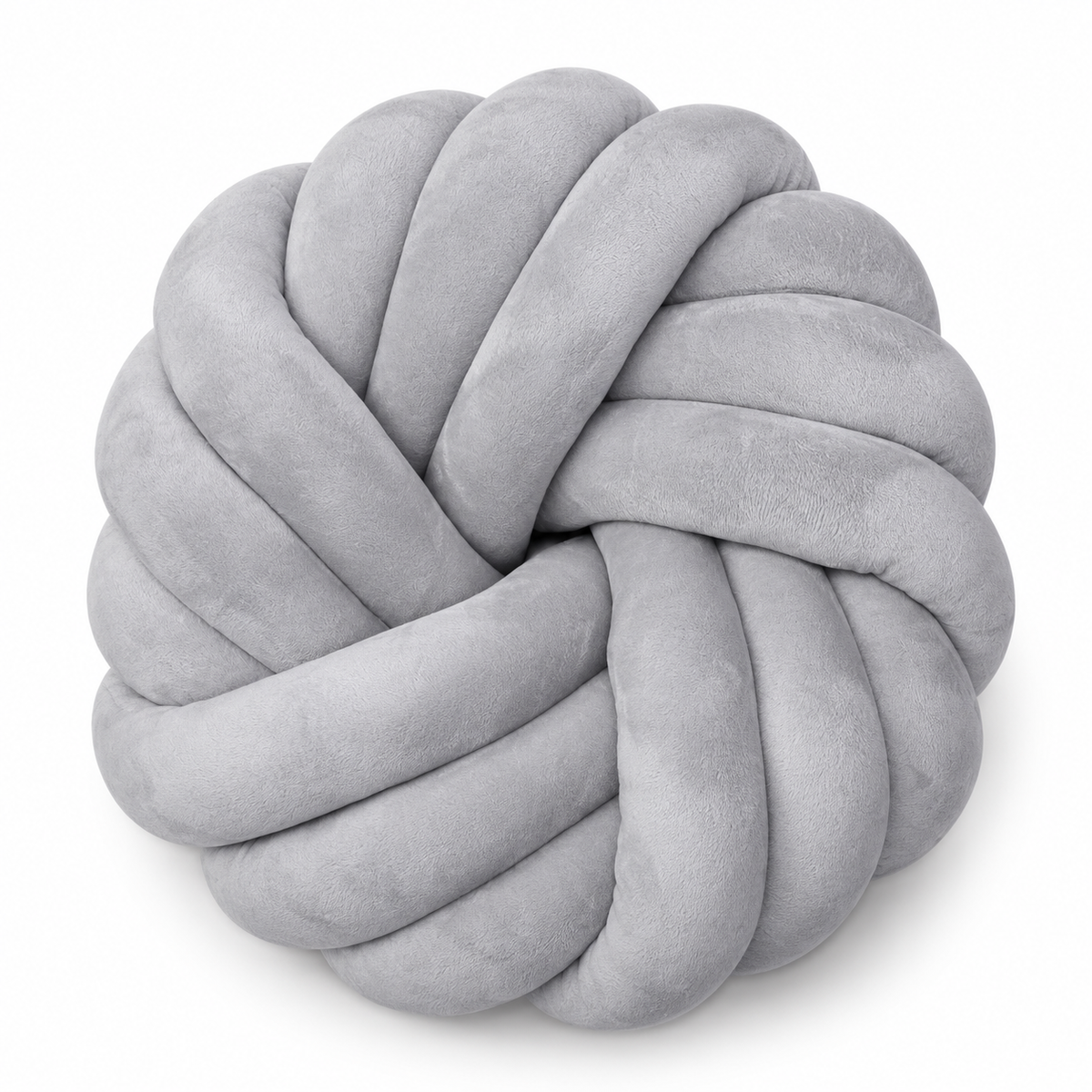 A round, knot-style plush throw pillow in a light gray velvet or microfiber fabric, shown on a clean white background.