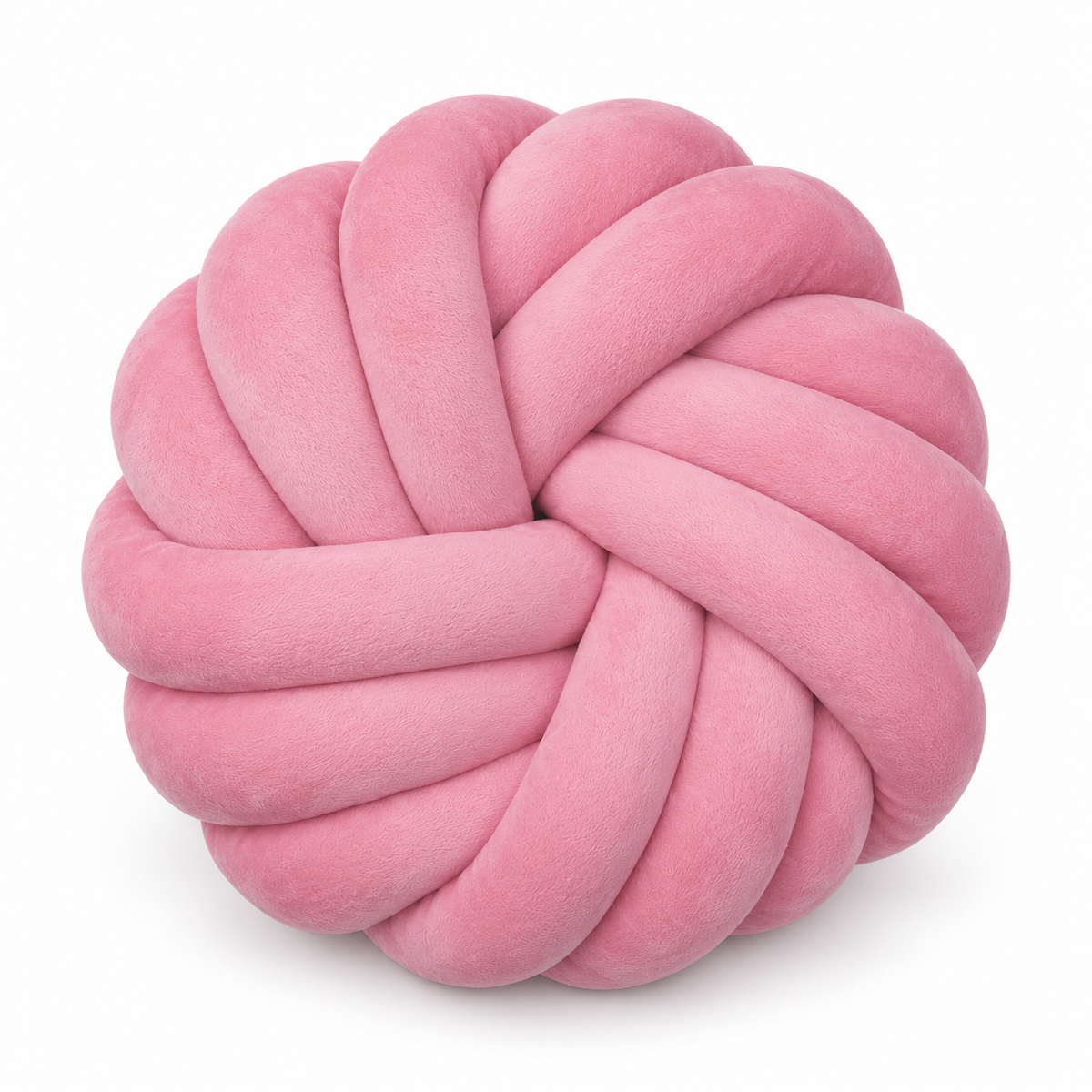 A round, knot-style plush throw pillow in a soft pink velvet fabric, shown on a clean white background.
