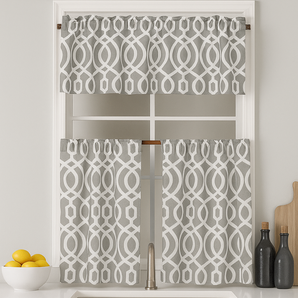 Faux Linen Printed Kitchen Curtain Set