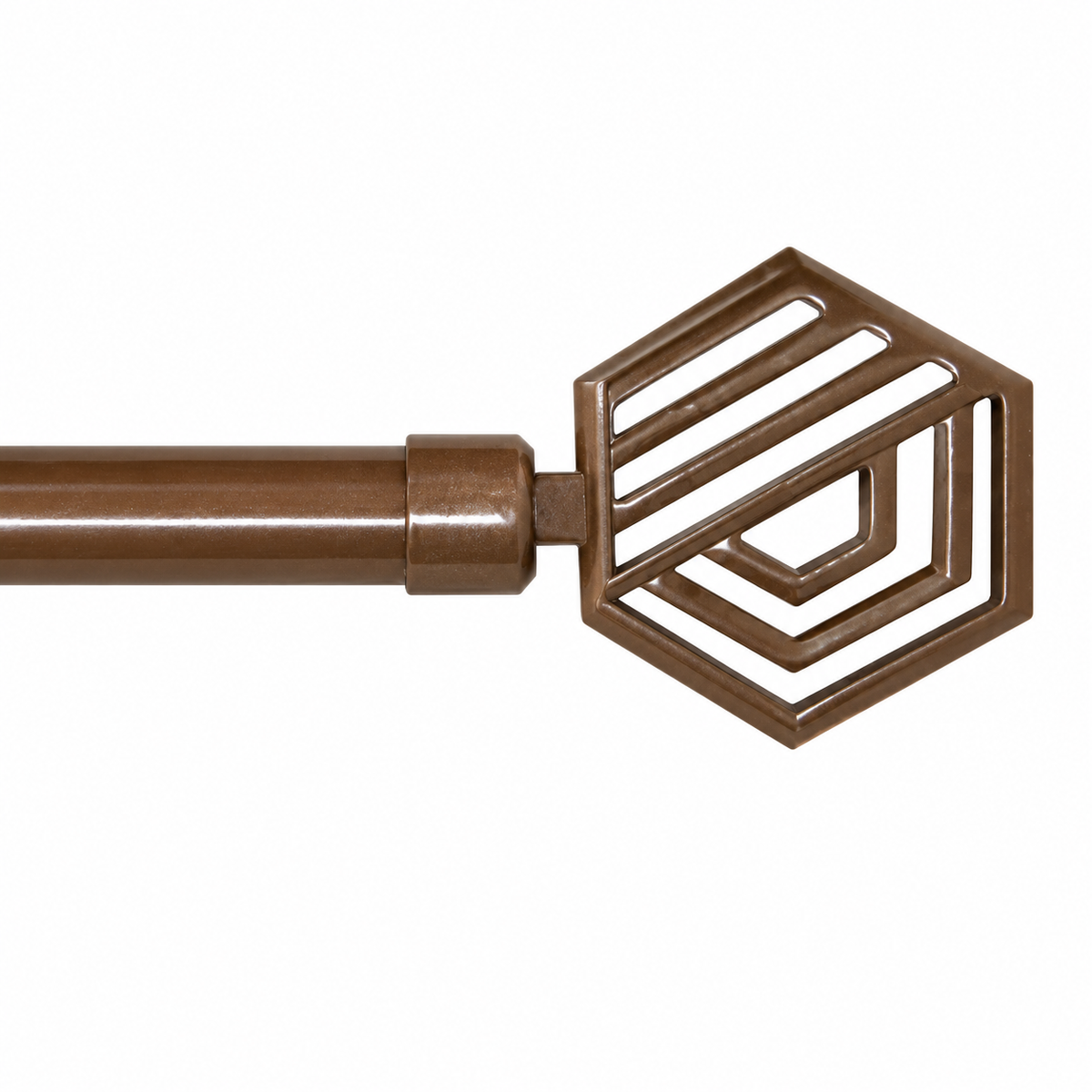 A close-up of a brown curtain rod finial with a geometric, openwork hexagonal design, shown against a plain white background.