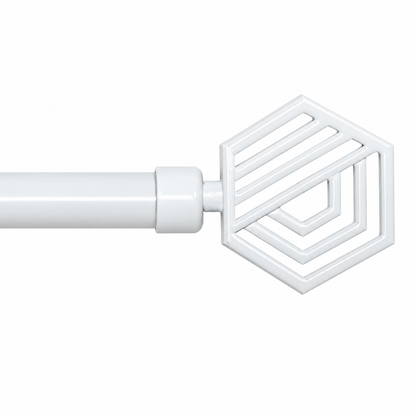 A white curtain rod finial with a geometric, openwork hexagonal design, shown against a plain white background.