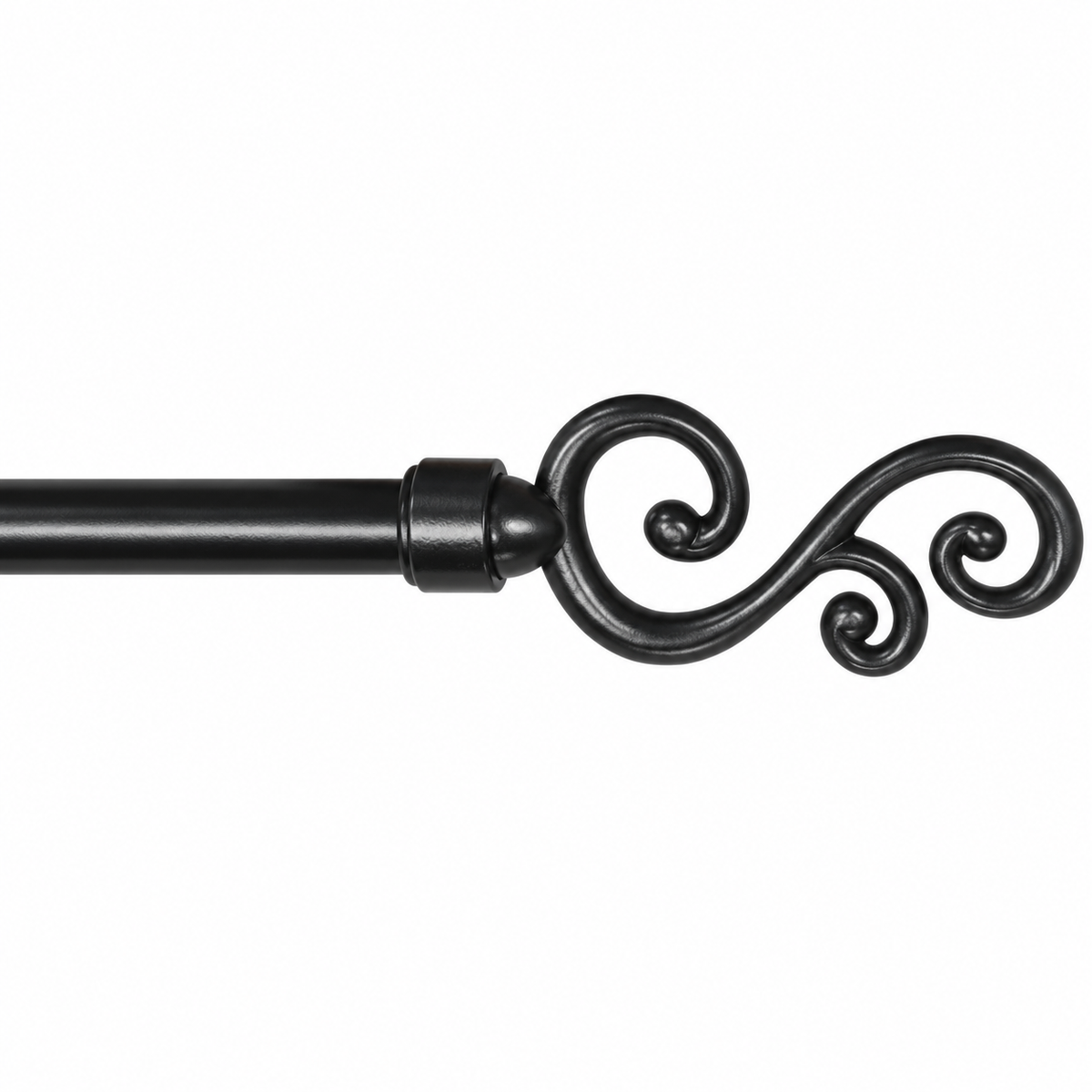 A close-up of a black metal curtain rod finial with an ornate scrollwork design on a plain white background.