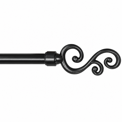 A close-up of a black metal curtain rod finial with an ornate scrollwork design on a plain white background.
