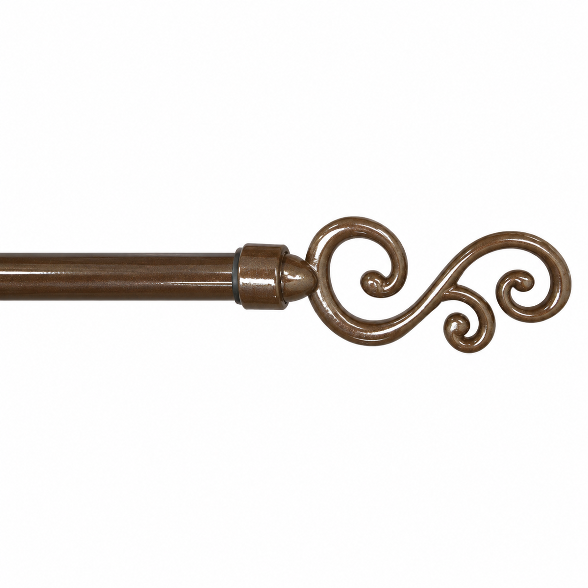 A close-up of a bronze-finished curtain rod featuring an ornate scrollwork finial on a plain white background.