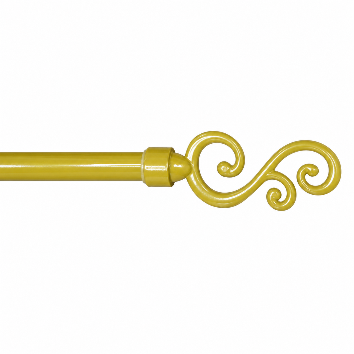 A close-up of a yellow curtain rod finial with an ornate scroll design on a plain white background.