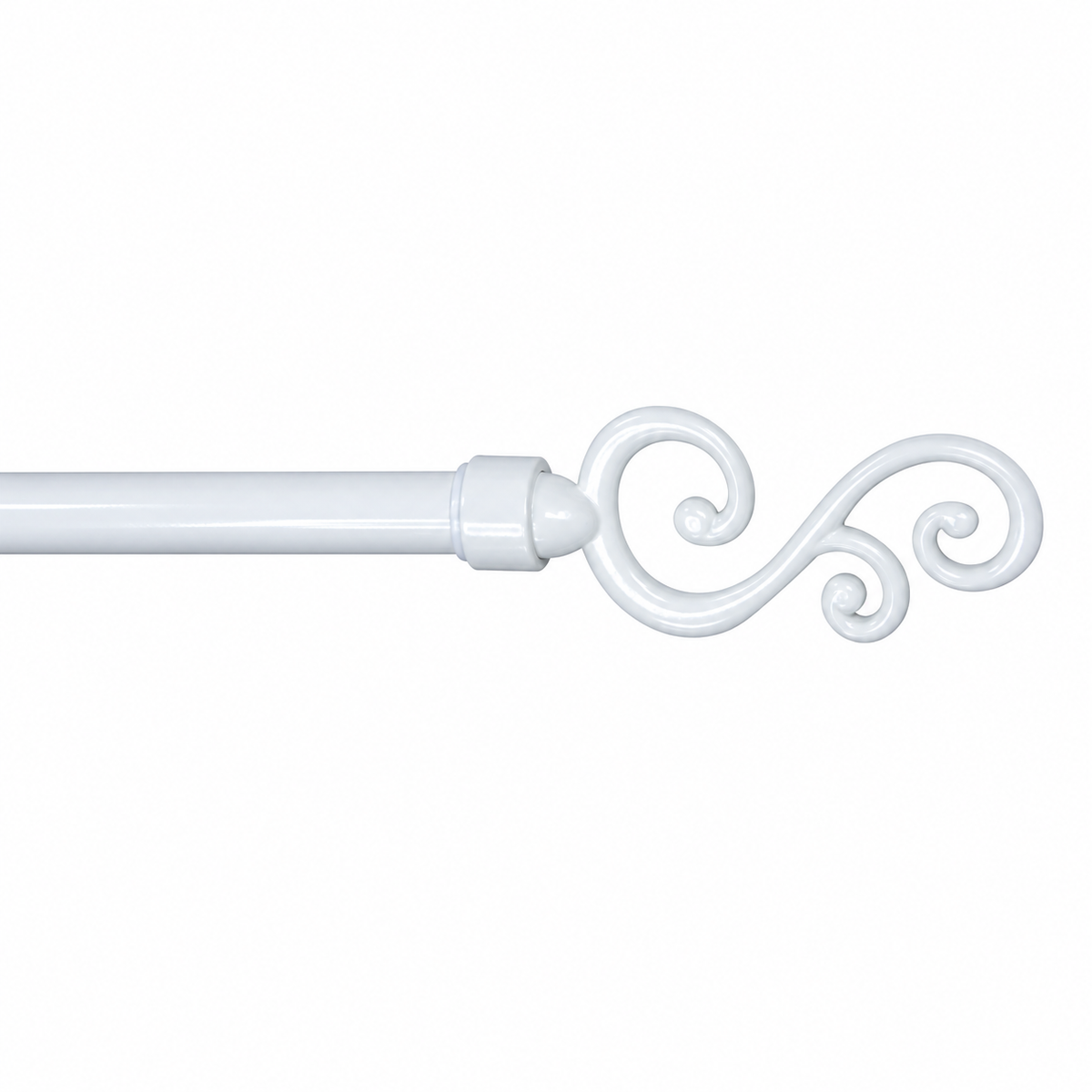 A white curtain rod finial with an elegant scrollwork design, shown against a plain white background.