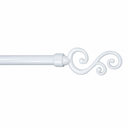 A white curtain rod finial with an elegant scrollwork design, shown against a plain white background.