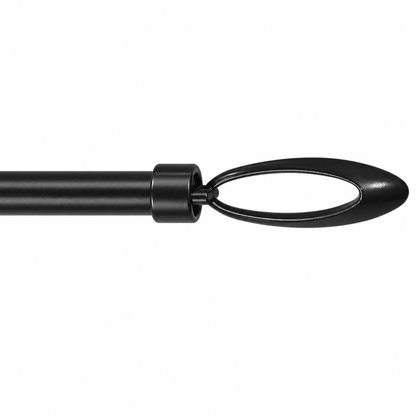 A close-up of a black curtain rod finial with an oval loop on a plain white background.
