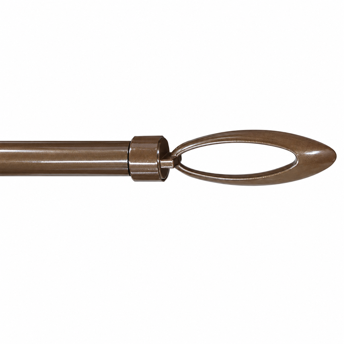 A close-up of a metallic bronze curtain rod finial with a decorative oval loop on a plain white background.