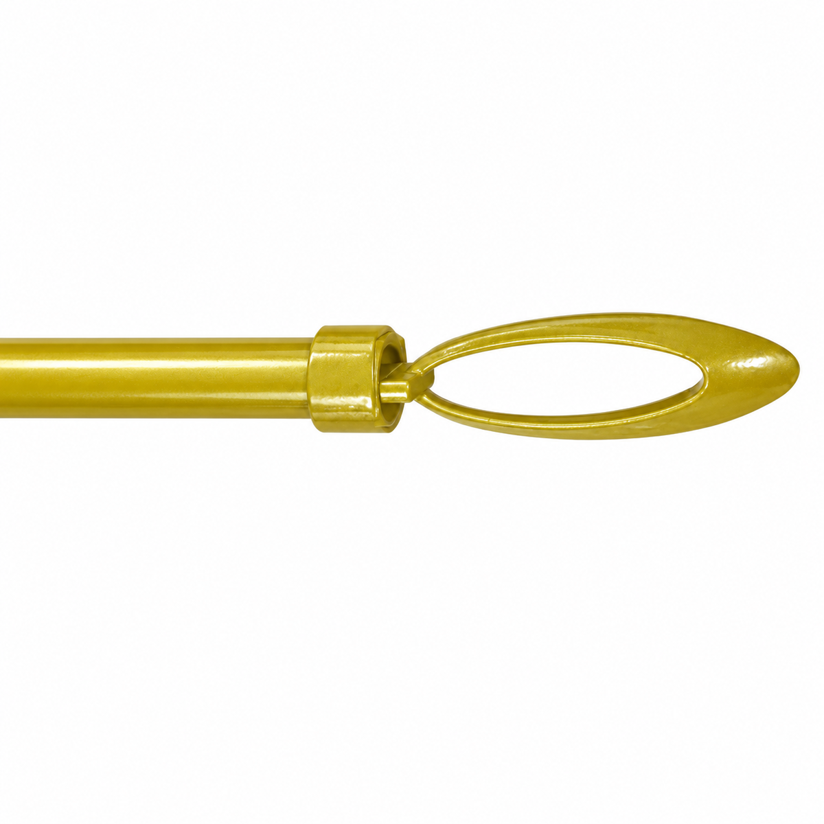A close-up of a shiny gold curtain rod finial with a looped top design, shown against a plain white background.