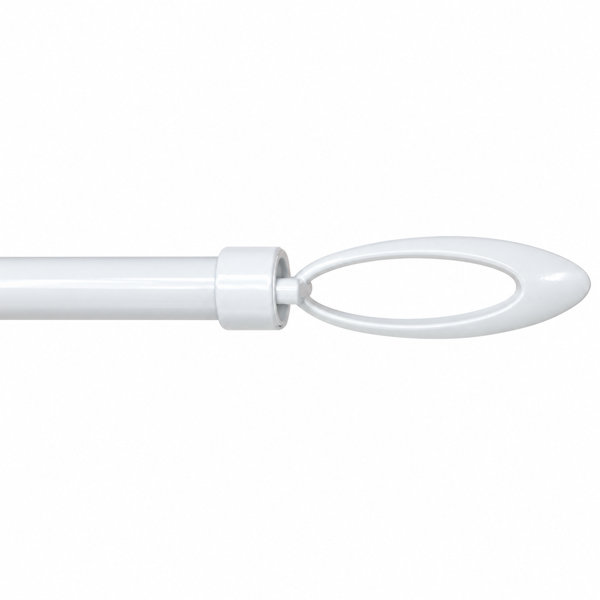 A close-up of a white curtain rod finial with a smooth, rounded loop design on a solid white background.