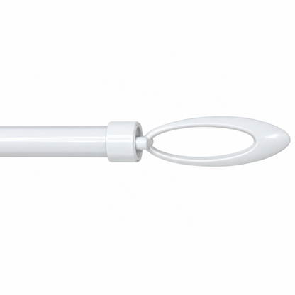 A close-up of a white curtain rod finial with a smooth, rounded loop design on a solid white background.