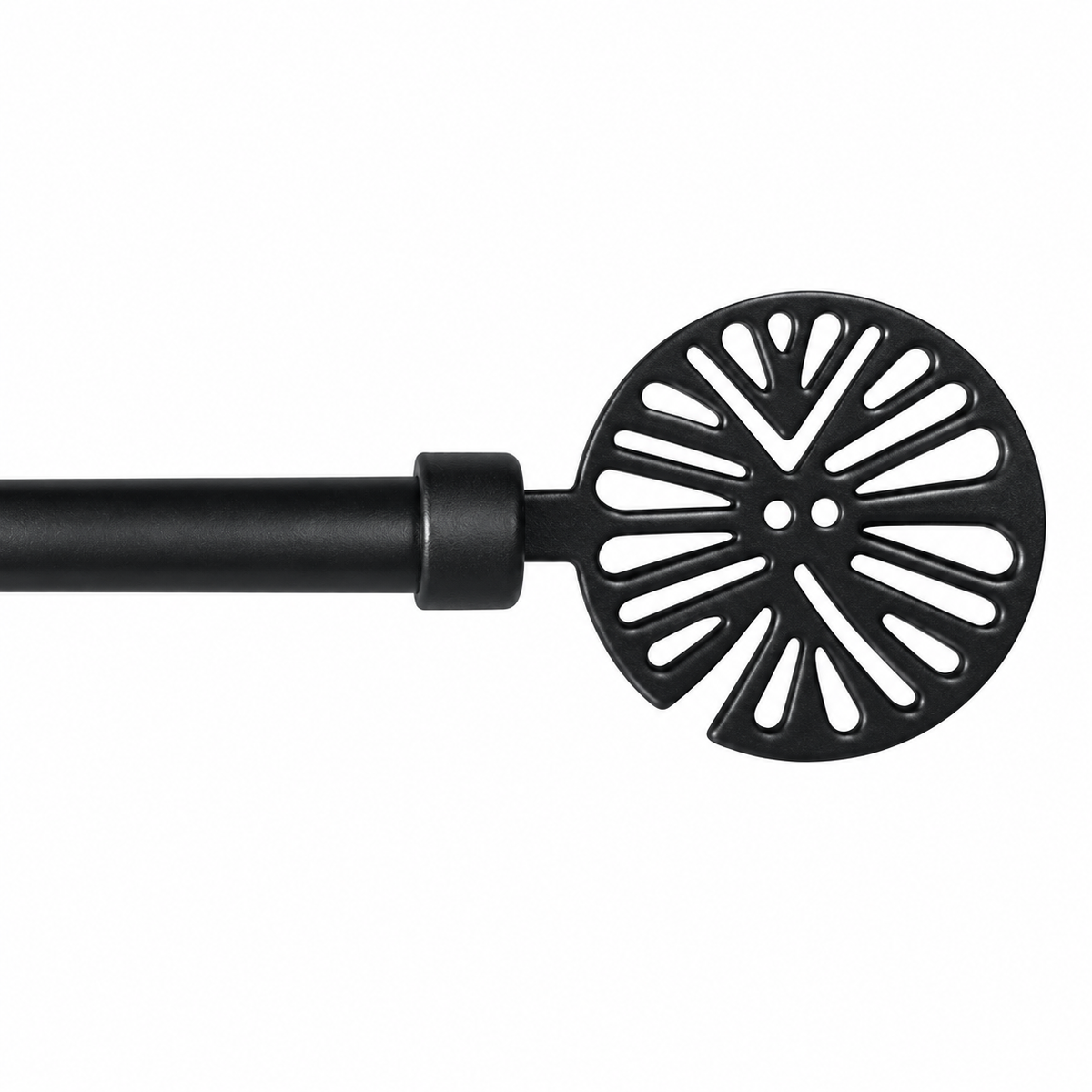 A close-up of a black curtain rod finial with a circular, fan-like cutout design, shown against a plain white background.