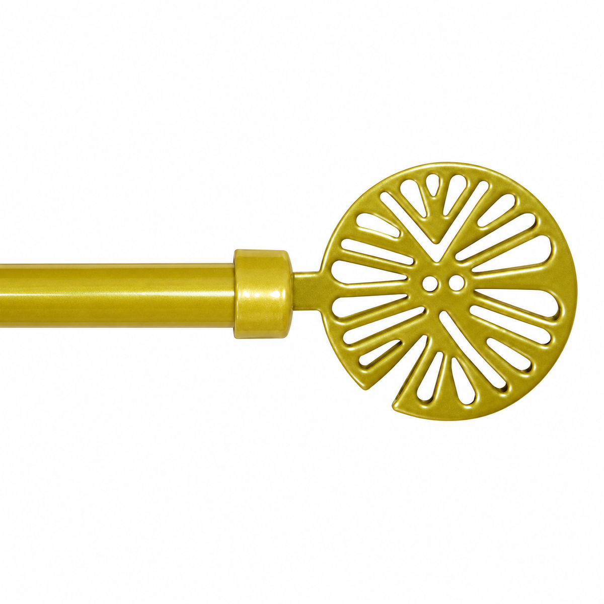 A close-up of a bright yellow curtain rod finial with a circular, fan-like cutout design, shown against a plain white background.