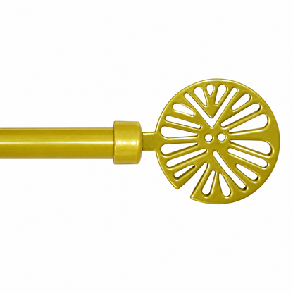 A close-up of a bright yellow curtain rod finial with a circular, fan-like cutout design, shown against a plain white background.
