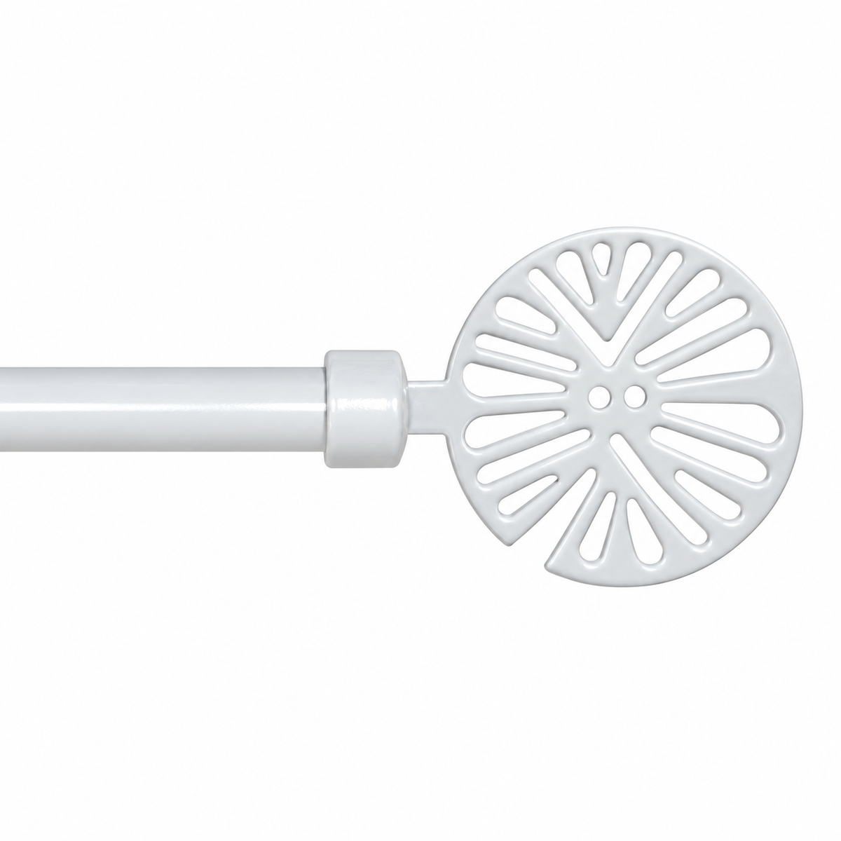 A white plastic curtain rod finial with a circular, fan-like cutout design, shown on a plain white background.