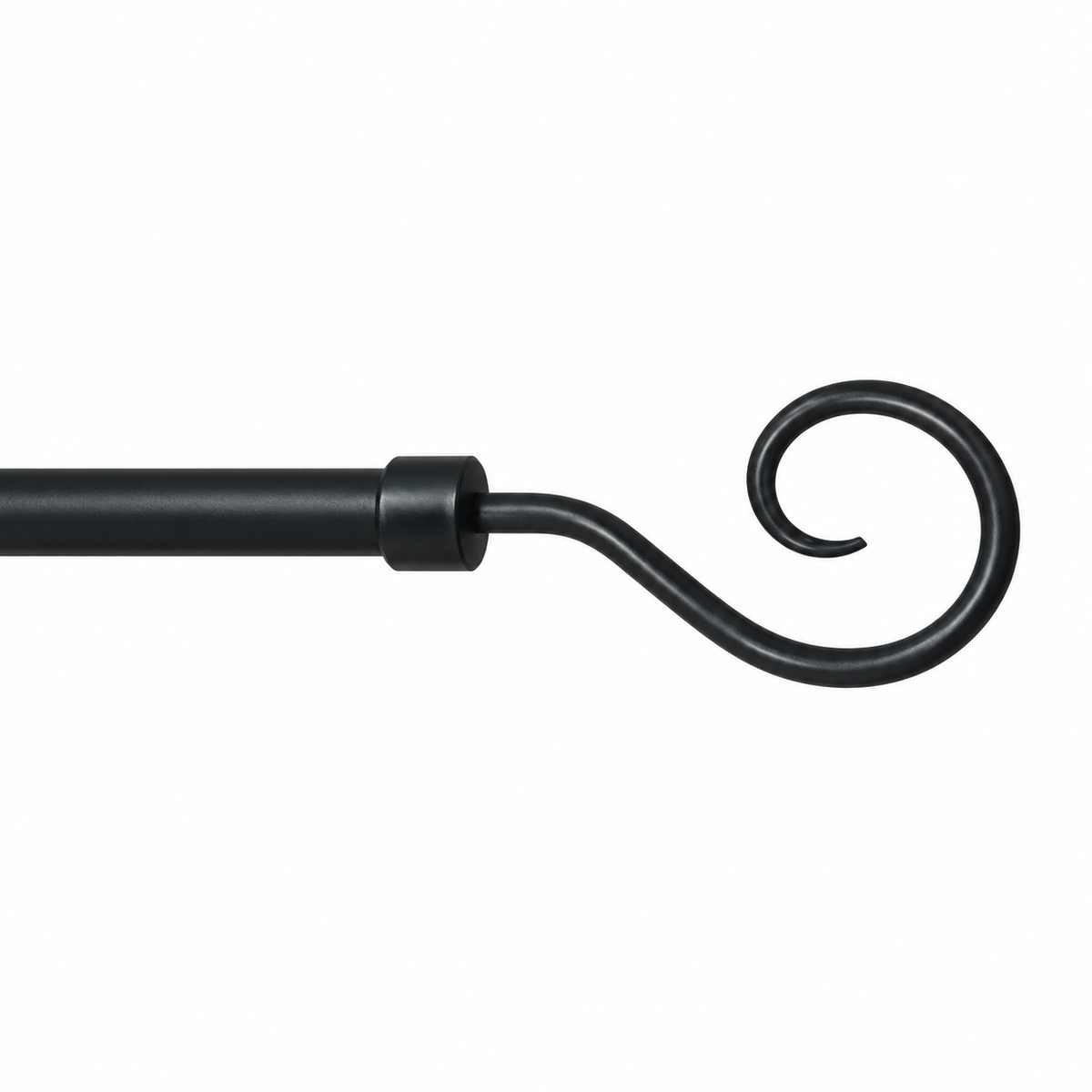 A close-up of a black metal curtain rod featuring a decorative spiral hook finial, shown against a plain white background.