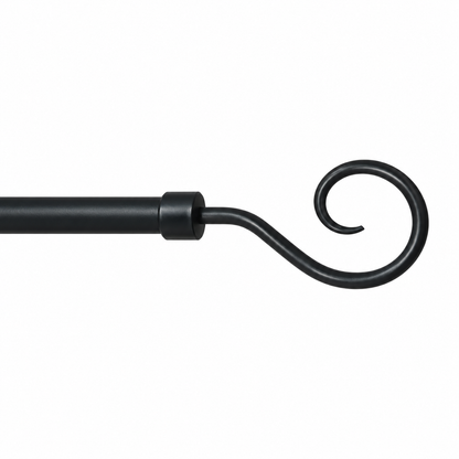 A close-up of a black metal curtain rod featuring a decorative spiral hook finial, shown against a plain white background.