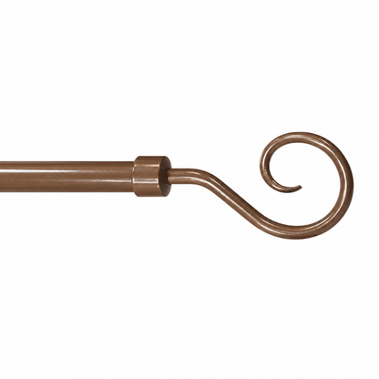 A close-up of a metallic bronze curtain rod featuring a decorative spiral hook finial, shown against a plain white background.