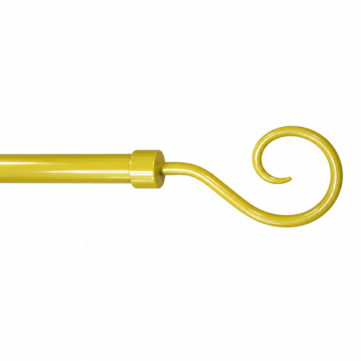 A close-up of a yellow metal curtain rod end with a decorative spiral hook on a plain white background.