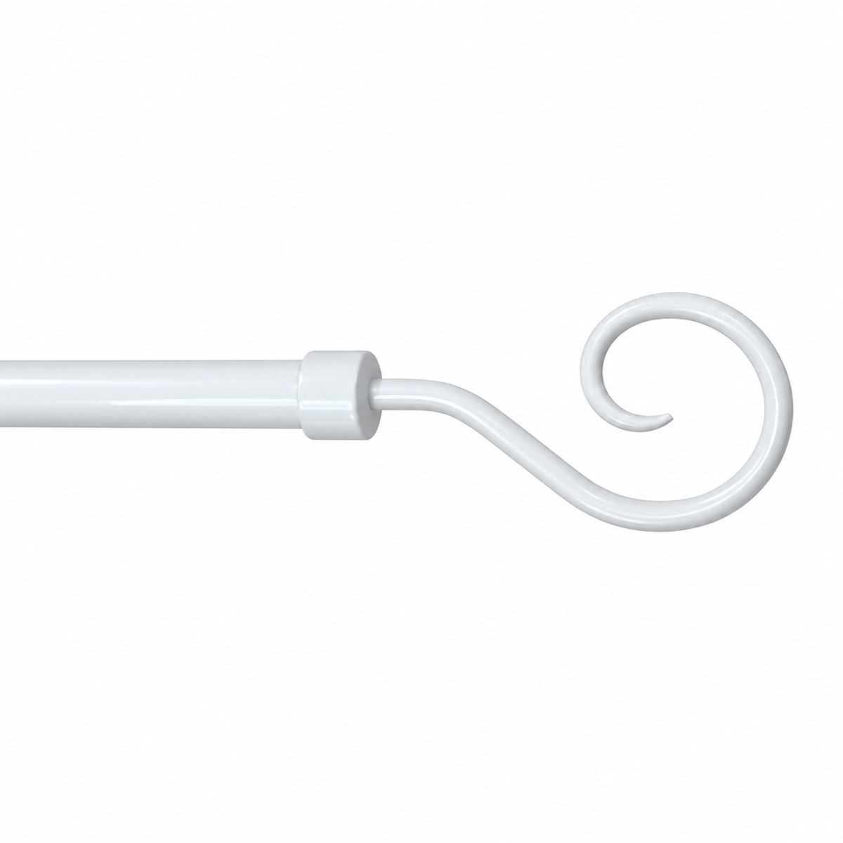 A close-up of a white curtain rod finial with a curved spiral hook, shown against a plain white background.