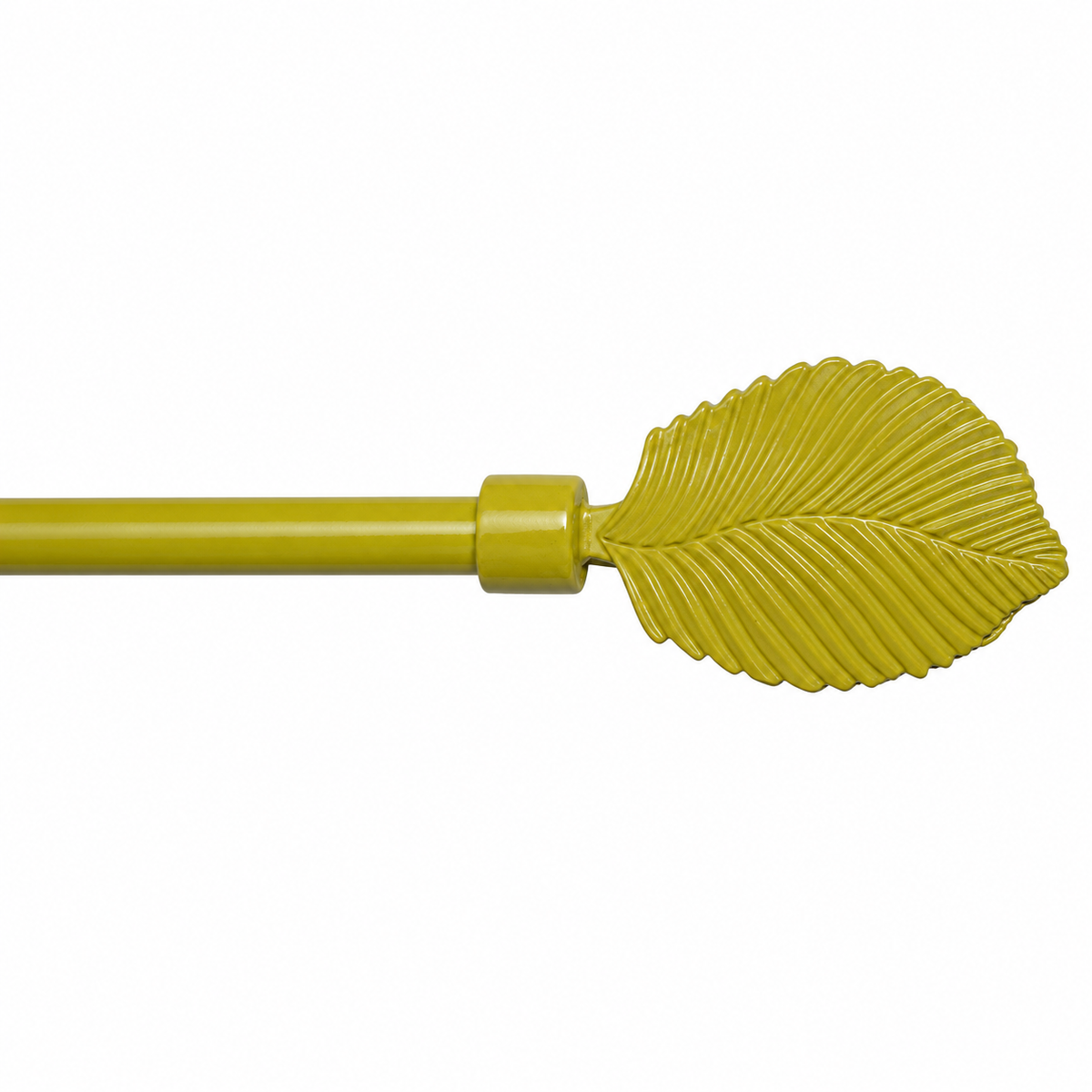 A close-up of a bright yellow-green curtain rod finial shaped like a ribbed leaf, shown against a plain white background.