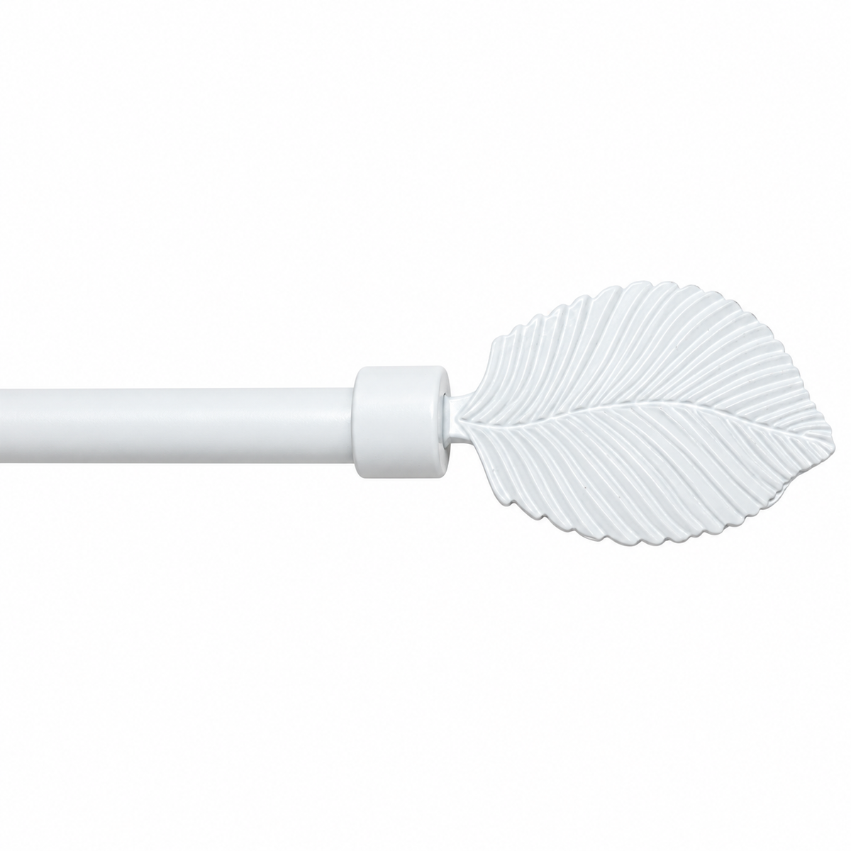 A white curtain rod with a ribbed leaf-shaped finial, shown against a plain white background.