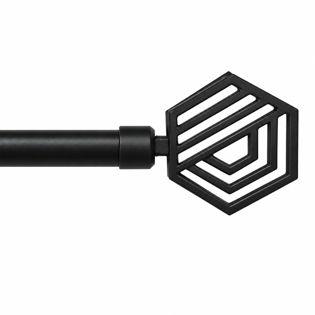 A close-up of a matte black curtain rod finial with a geometric hexagonal cutout design, shown against a plain white background.