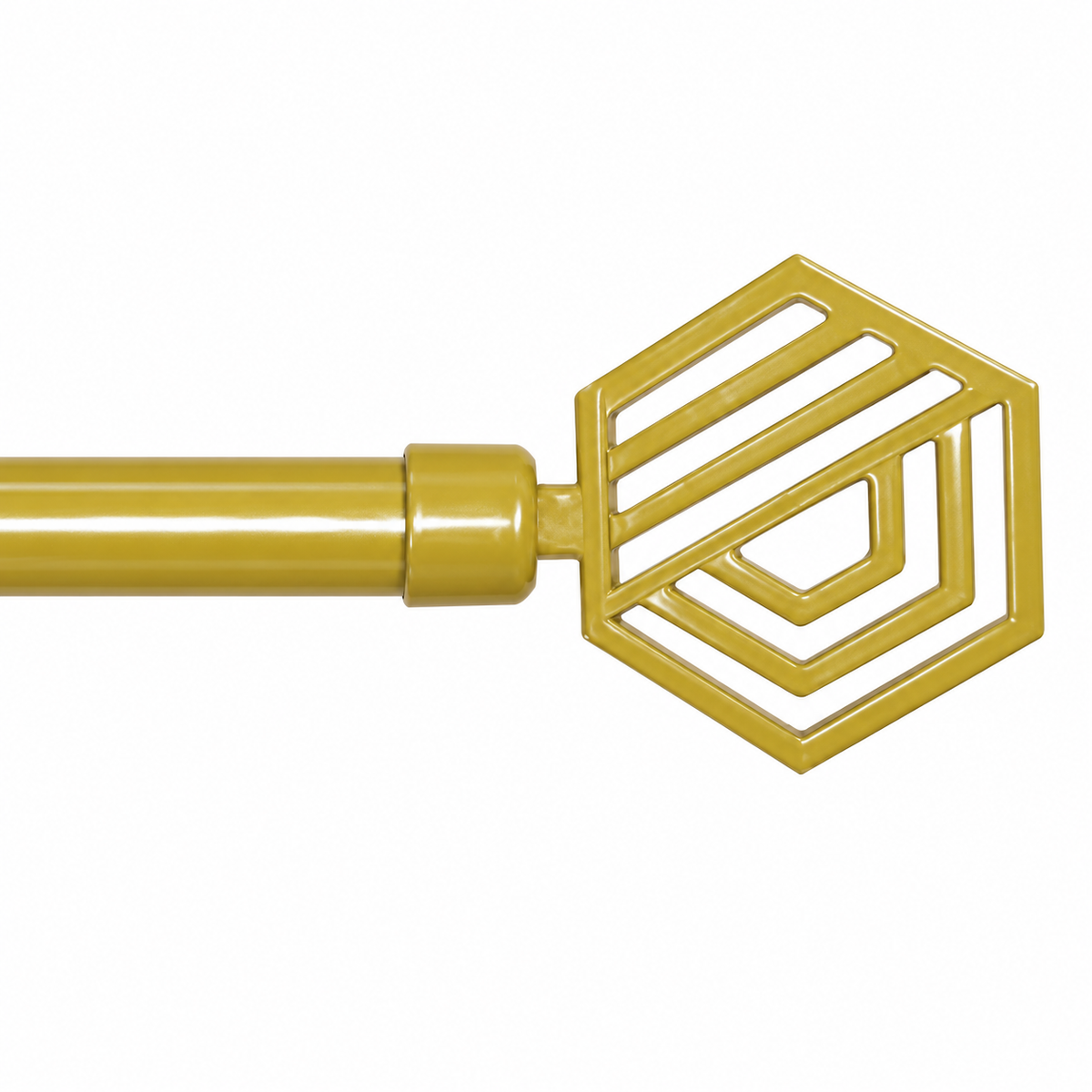 A close-up of a gold curtain rod finial with a geometric, openwork hexagonal design, shown against a plain white background.