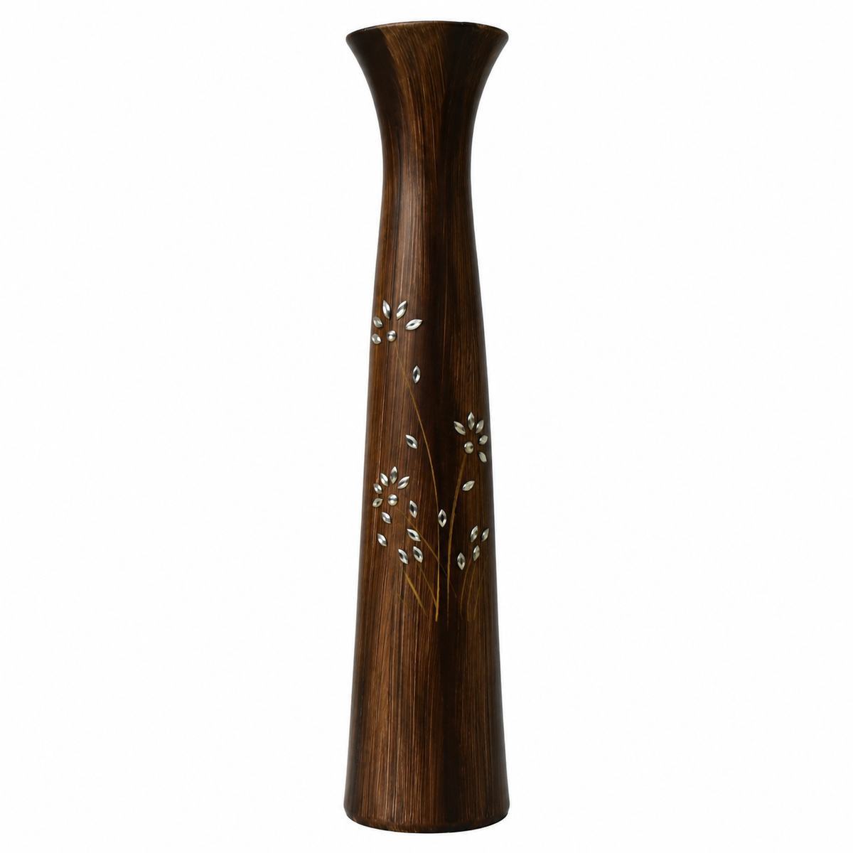 A tall, dark brown wooden vase with a flared rim and inlaid white floral patterns, shown against a plain white background.
