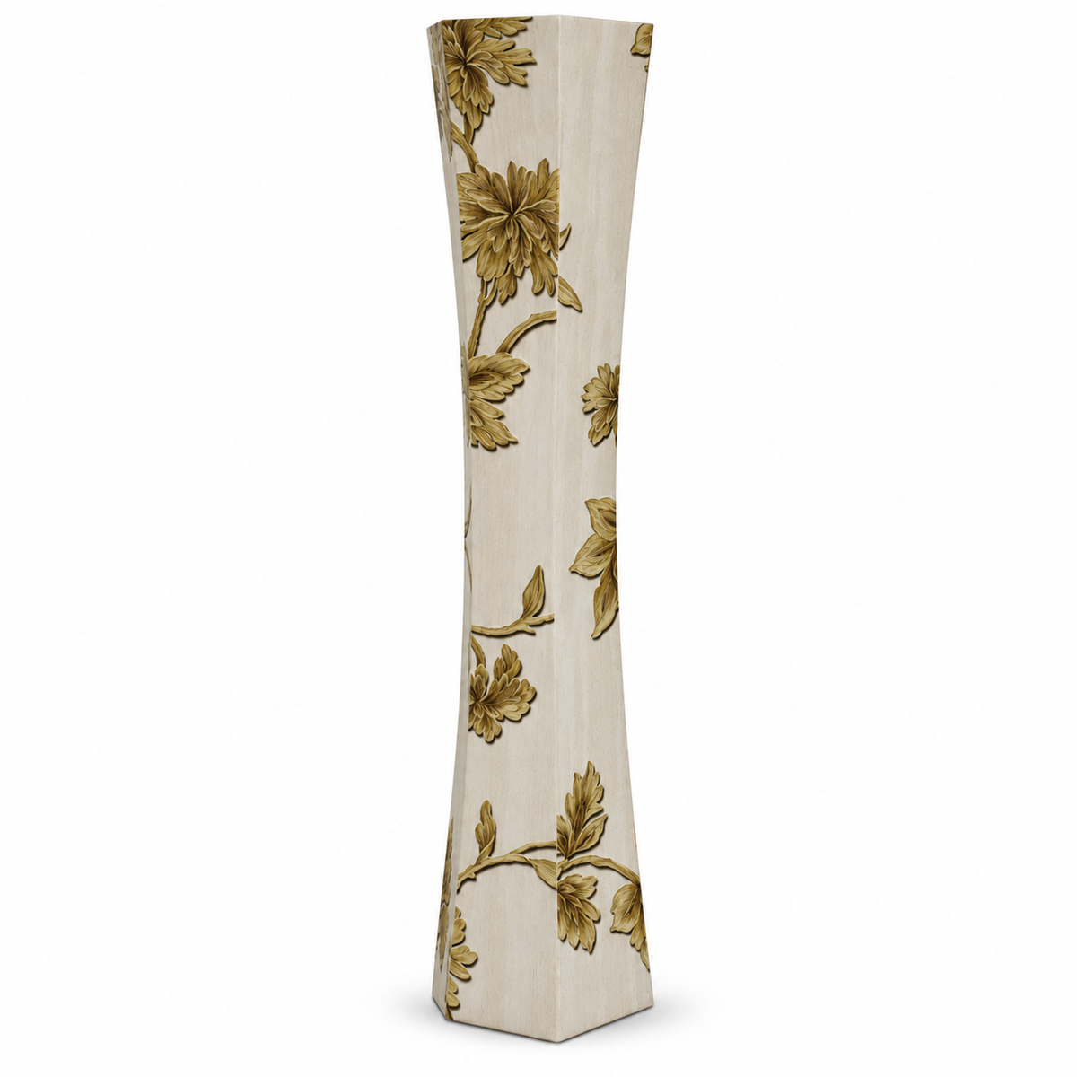 A tall, narrow decorative vase with a flared top and a vertical floral pattern in olive green and gold on a cream background, shown against a plain white studio background.