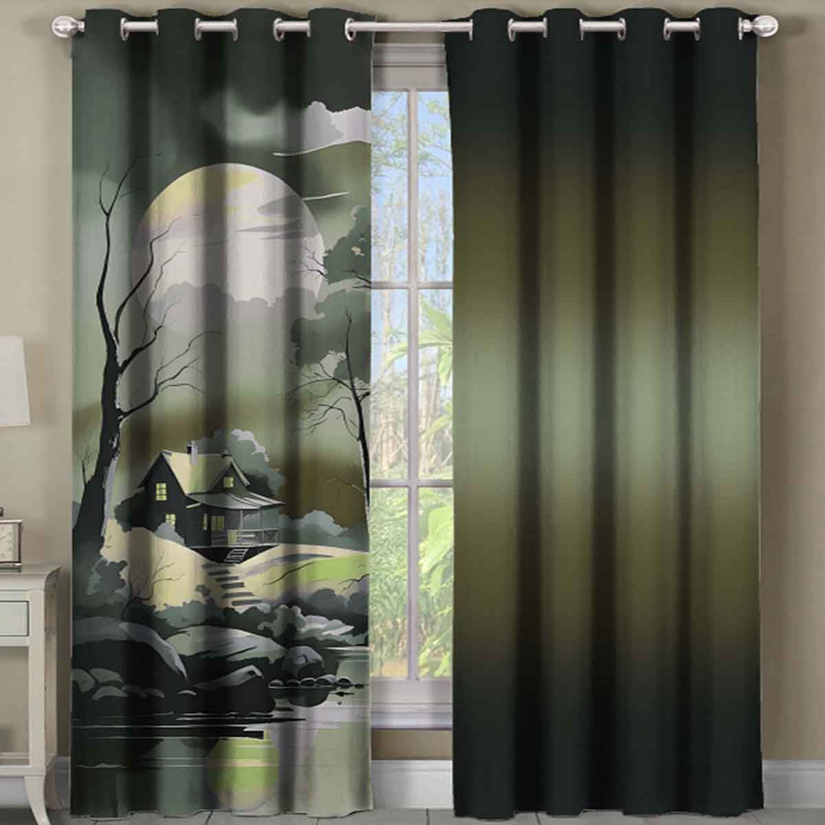 Window with a decorative curtain featuring a house and tree design.