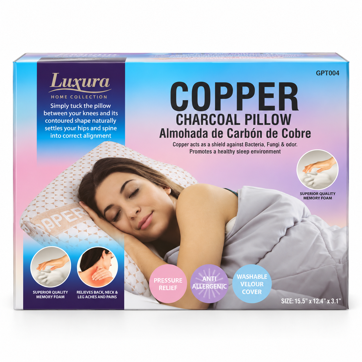 Luxura Home Collection Copper Charcoal Pillow packaging box, size 15.9 x 12.
