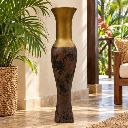 Tall Gold and Distressed Brown Floor Vase