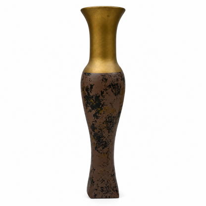 A tall sculptural vase with a flared metallic gold neck and a textured, mottled brown body with black speckling, shown against a plain white background.