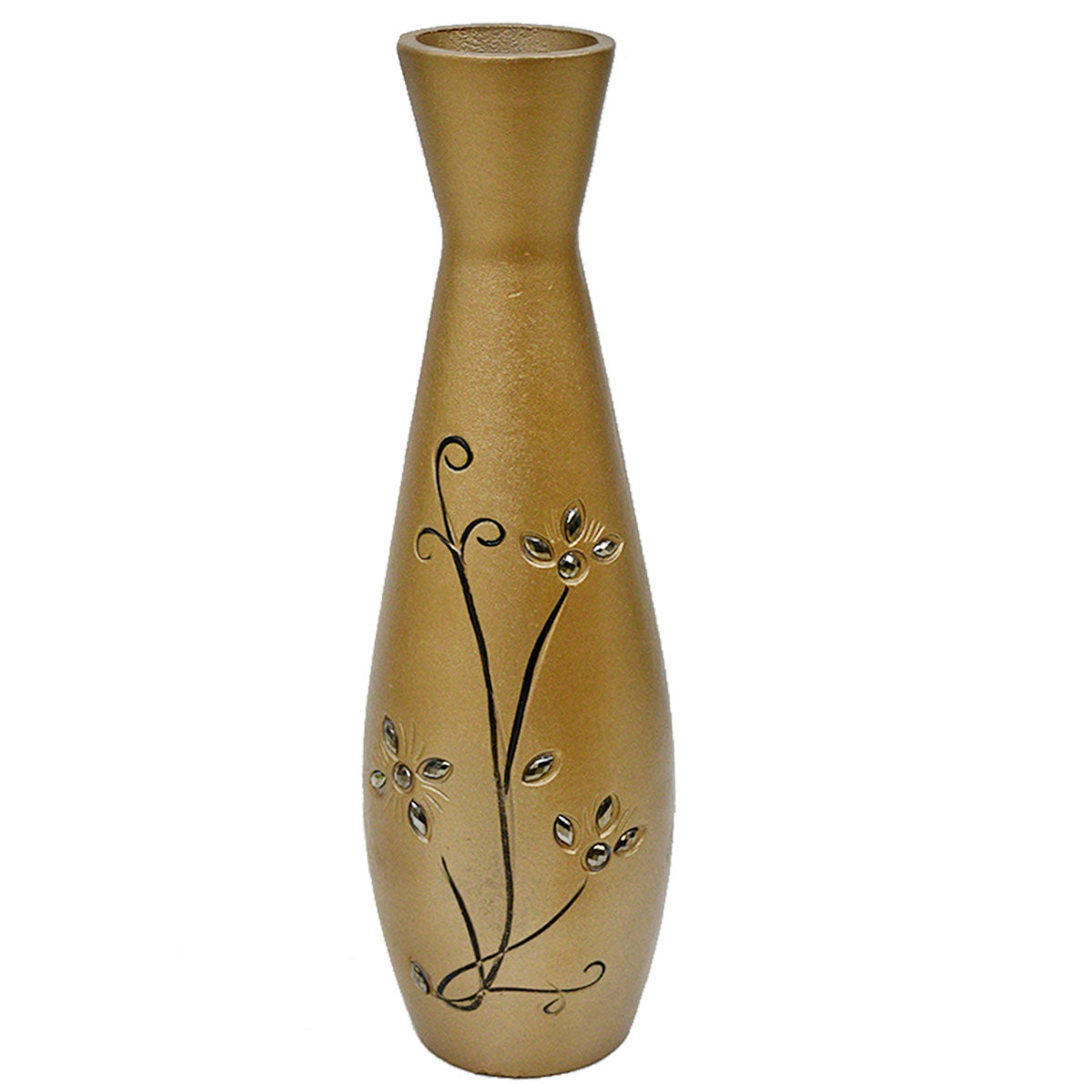 A tall, narrow decorative vase with a flared neck, featuring a textured metallic gold finish and a black floral vine pattern with small raised silver flower details, set against a plain white background.