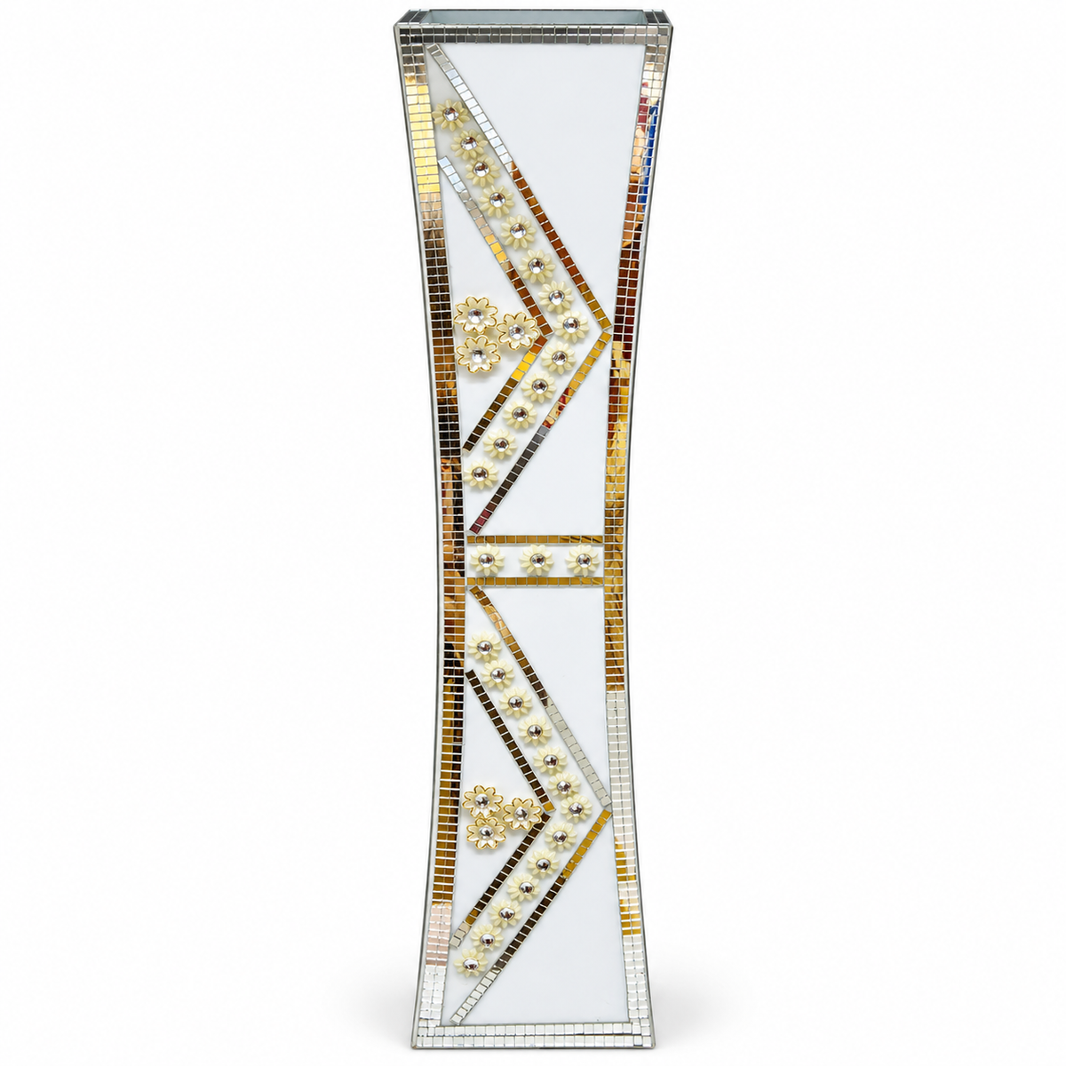 A tall, narrow rectangular mirror with a mirrored surface and decorative geometric borders made of gold, silver, and clear rhinestones on a white background.