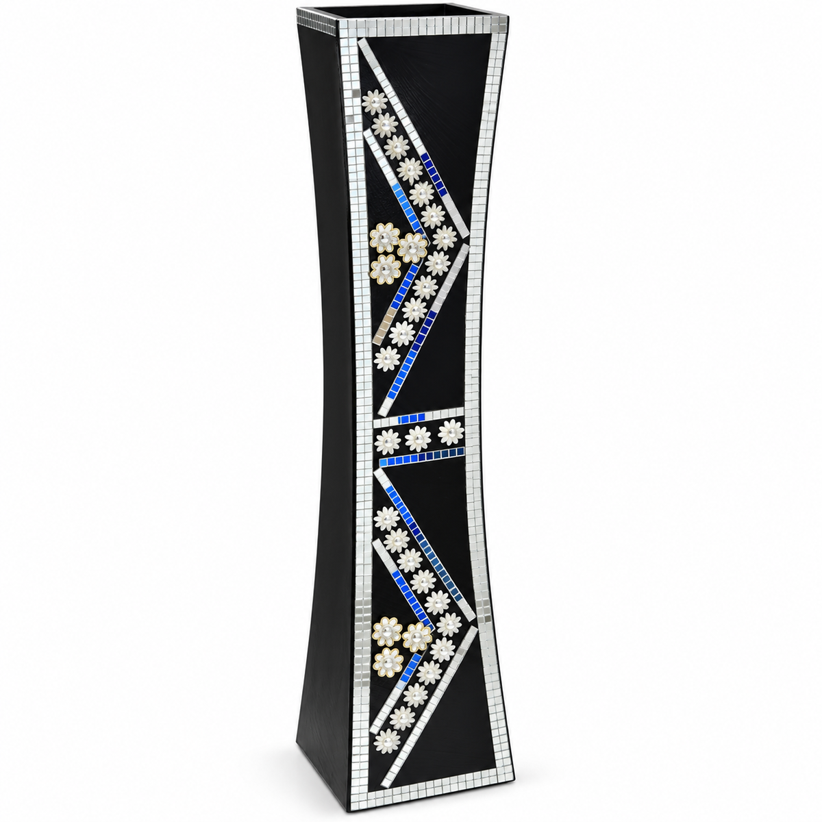 A tall, narrow black decorative vase with a tapered shape, featuring intricate mosaic inlay designs in white, blue, and silver on a plain white background.