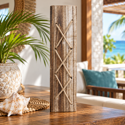 A tall rectangular decorative pillar with a weathered natural finish and three crisscrossed rope details on the front, displayed on a wooden table in a tropical beach-themed interior setting.