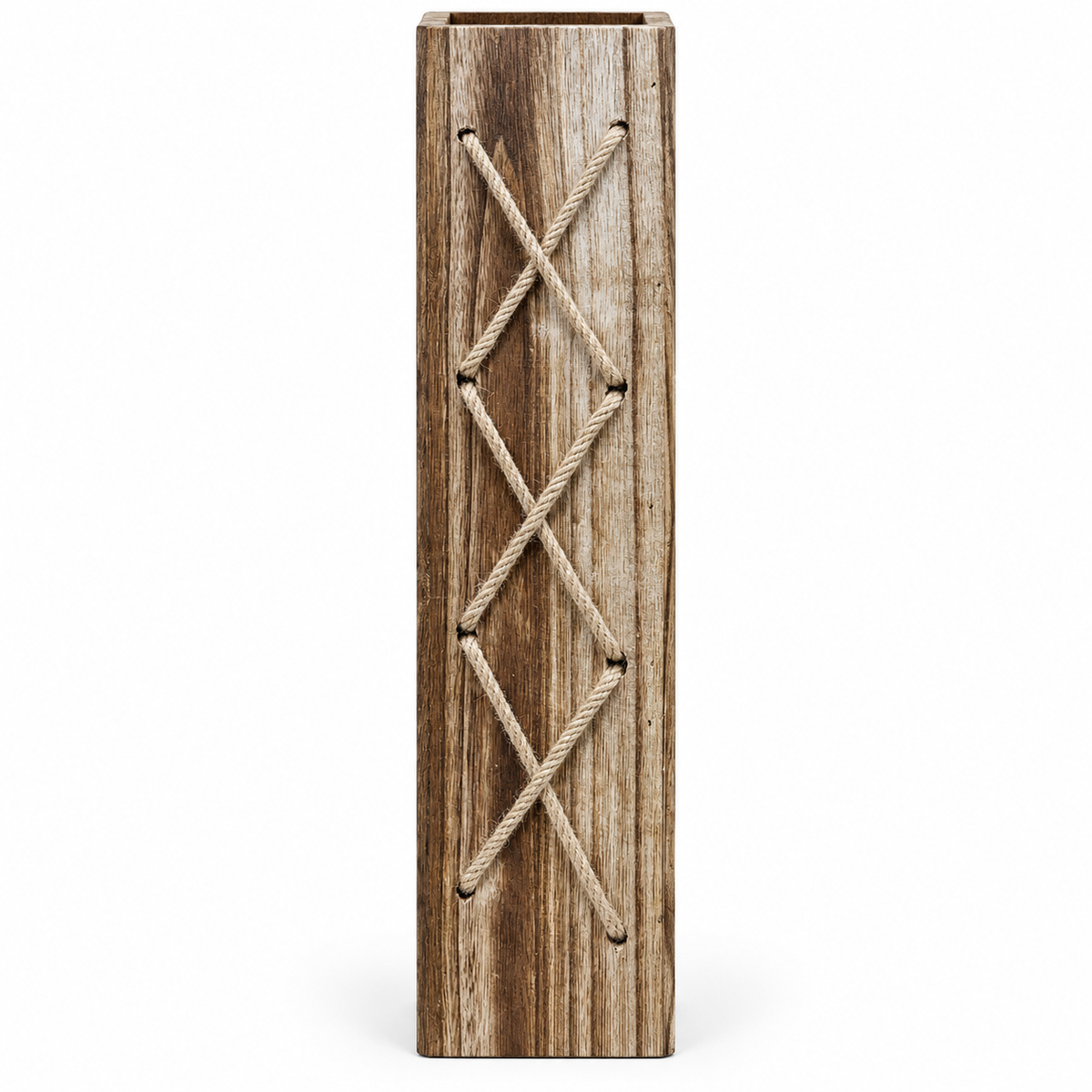 A tall rectangular box with a rustic brown grain finish and decorative rope laces tied in an X pattern on the front, shown on a plain white background.