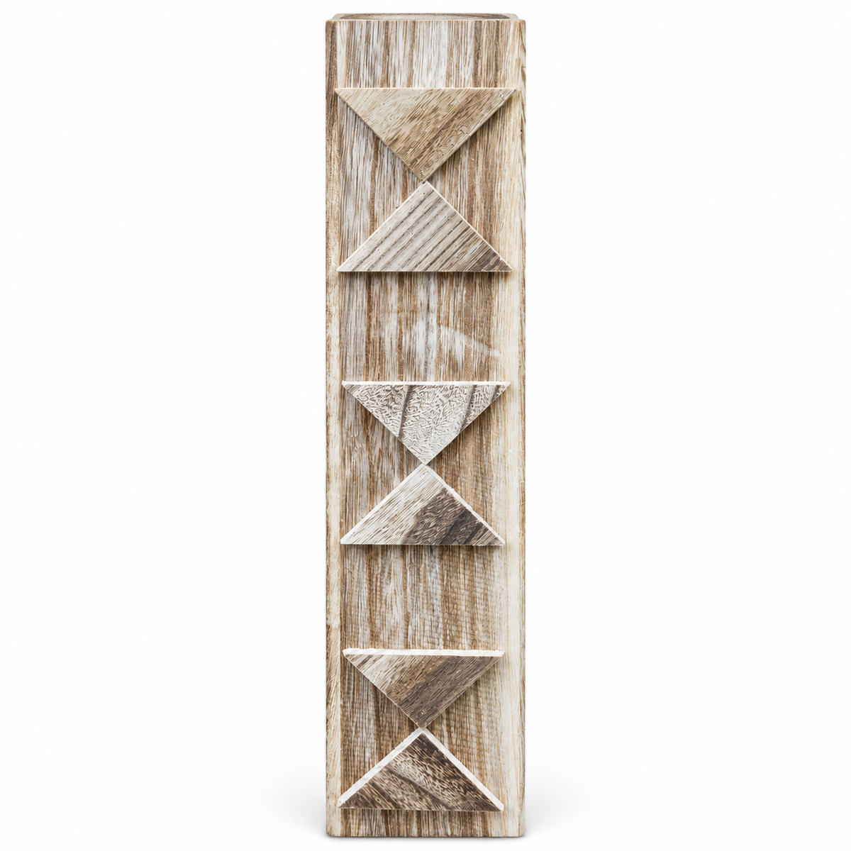 A vertical rectangular wall decor piece with a weathered natural wood finish and geometric triangular cutouts, shown on a plain white background.