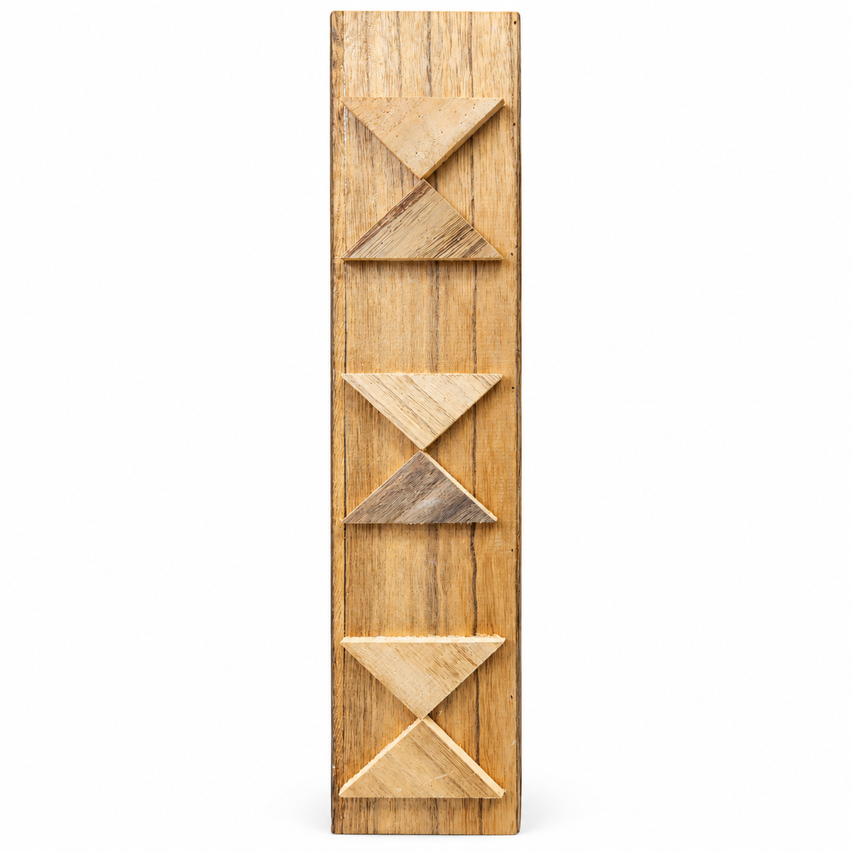 A vertical vase art piece featuring three stacked geometric panels with triangular cutouts and inlaid accents, shown against a plain white background.
