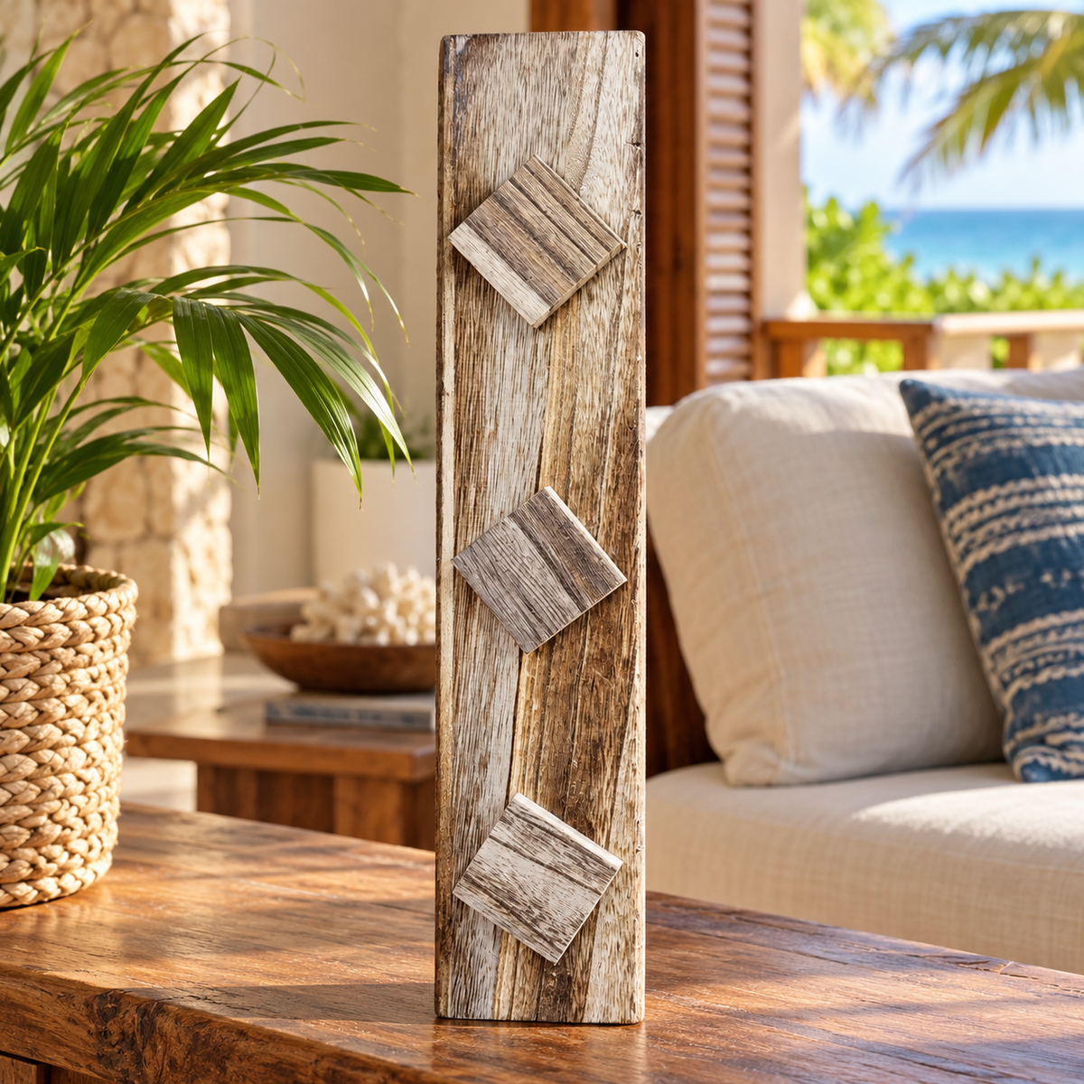 A tall rectangular rustic decor piece with three raised diamond-shaped wood inlays, displayed on a table in a bright living space with a sofa, plant, and ocean view in the background.