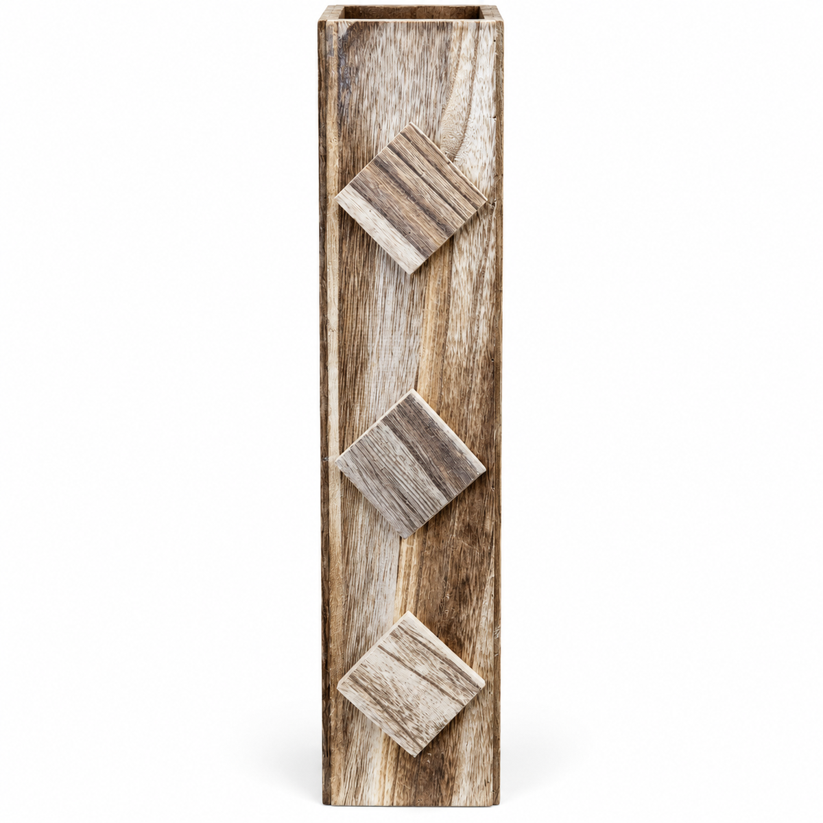 A tall rectangular decor piece with three inset diamond-shaped wood panels, shown against a plain white background.