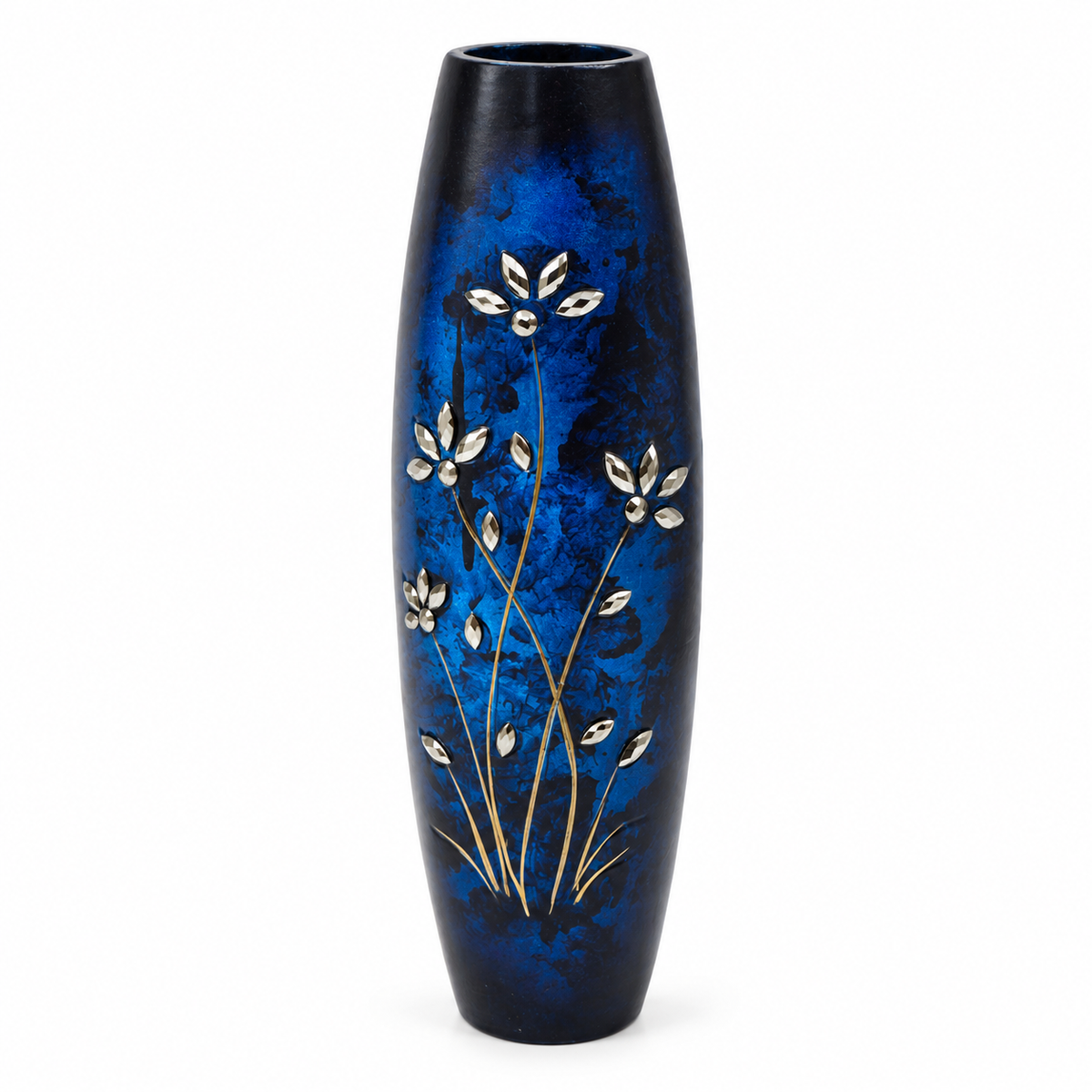 A tall, dark blue and black ceramic vase with a textured finish, decorated with metallic gold and silver floral designs, shown on a plain white background.