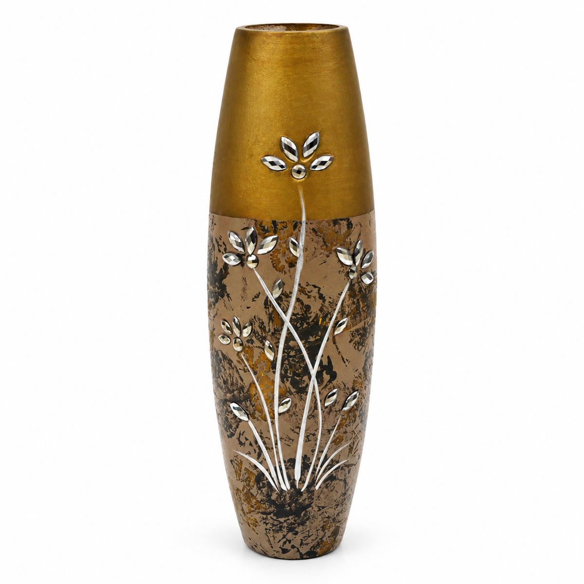 A tall decorative vase with a metallic gold top and a textured brown lower body featuring silver floral inlay details, set against a plain white background.